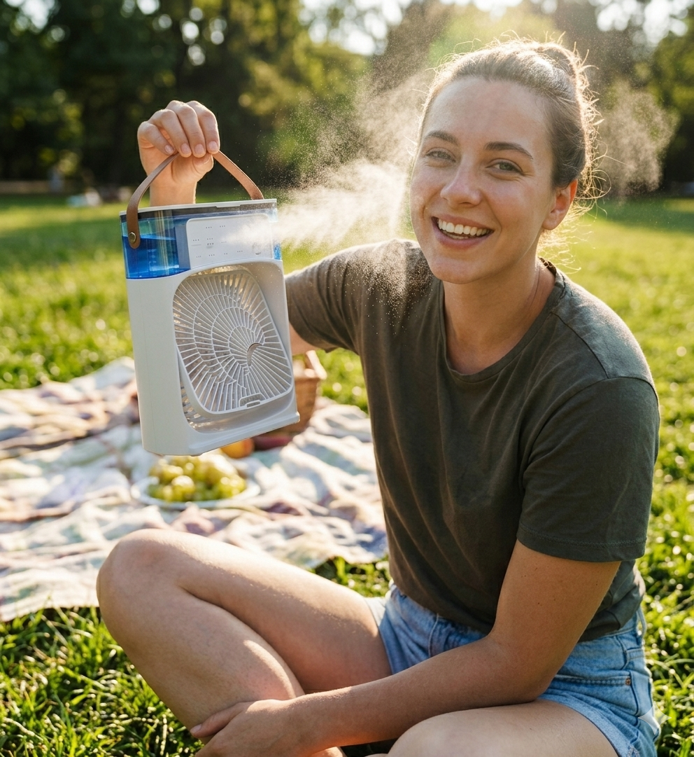 Portable Humidifier Fan Three in One, Mini USB Air Conditioning Fan, LED Night Light, Water Mist, Home Fun Air Cooler Humidifier