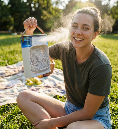 Portable Humidifier Fan Three in One, Mini USB Air Conditioning Fan, LED Night Light, Water Mist, Home Fun Air Cooler Humidifier