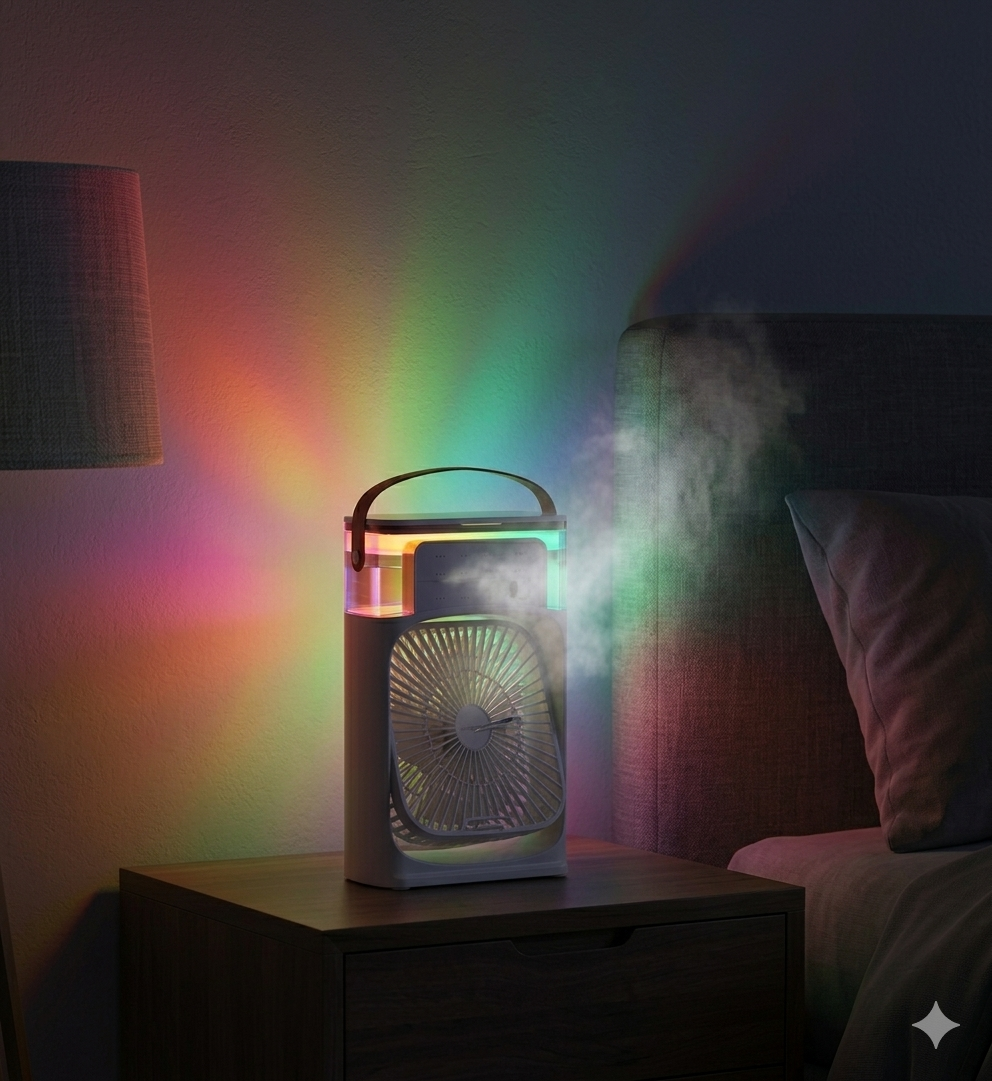 Portable Humidifier Fan Three in One, Mini USB Air Conditioning Fan, LED Night Light, Water Mist, Home Fun Air Cooler Humidifier