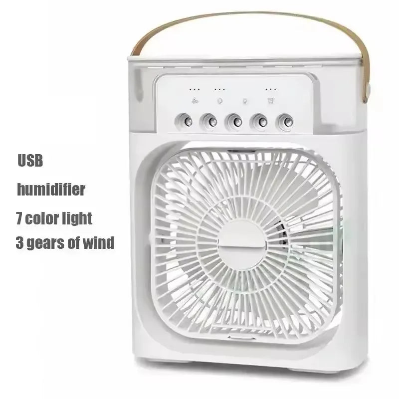 Portable Humidifier Fan Three in One, Mini USB Air Conditioning Fan, LED Night Light, Water Mist, Home Fun Air Cooler Humidifier
