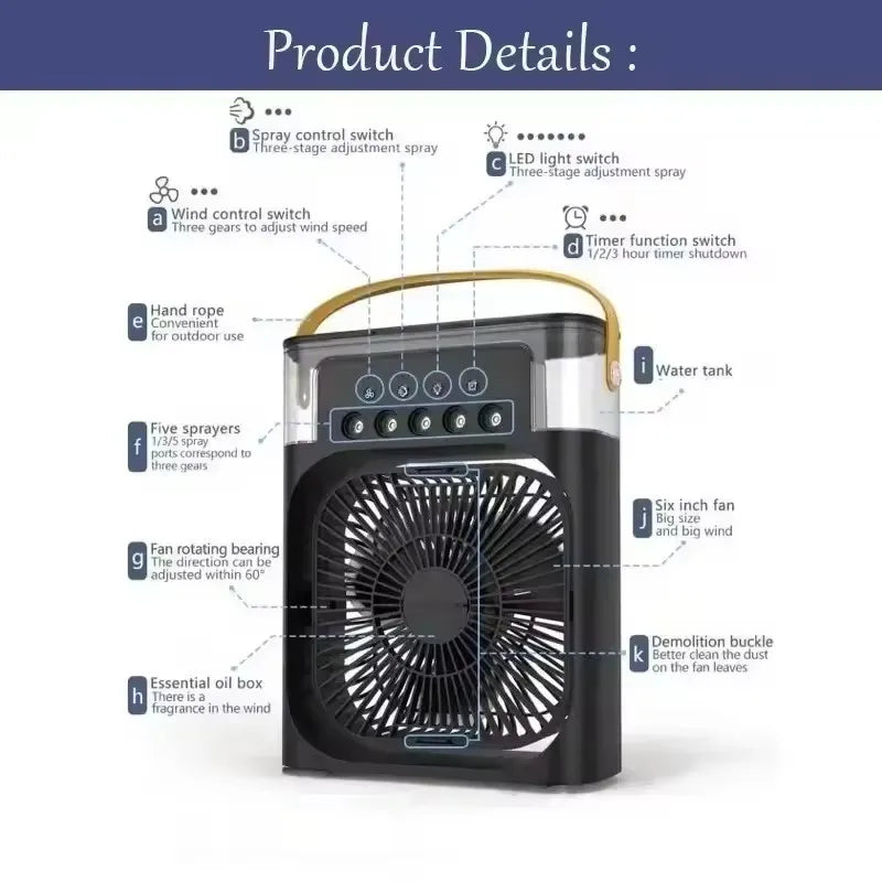 Portable Humidifier Fan Three in One, Mini USB Air Conditioning Fan, LED Night Light, Water Mist, Home Fun Air Cooler Humidifier