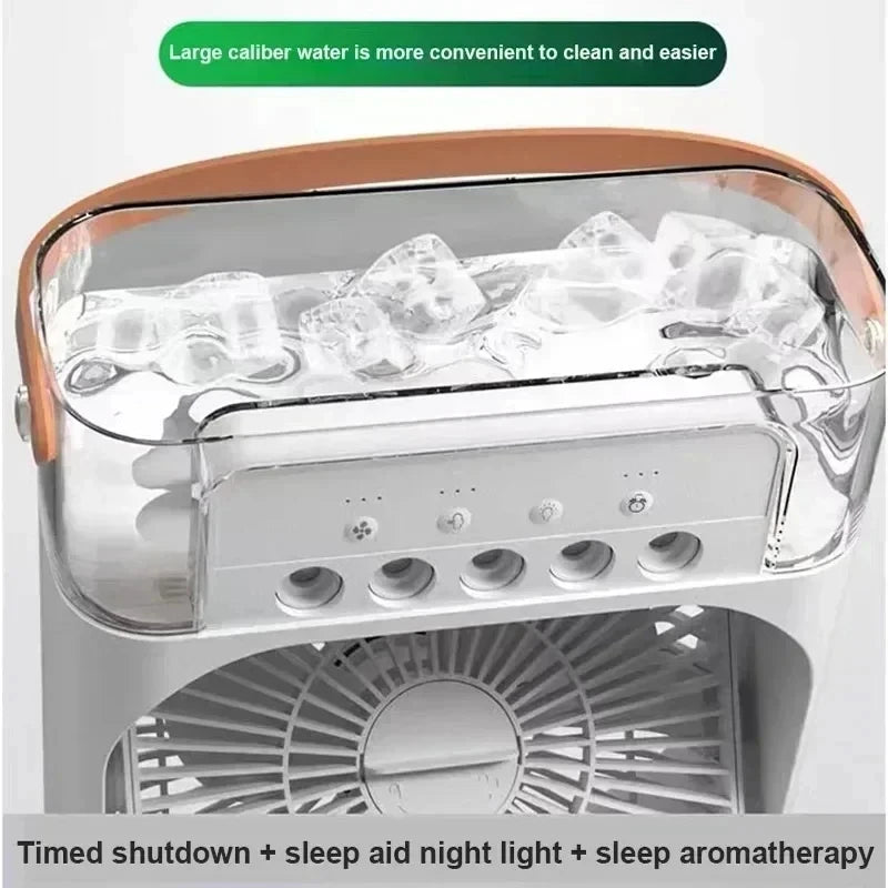 Portable Humidifier Fan Three in One, Mini USB Air Conditioning Fan, LED Night Light, Water Mist, Home Fun Air Cooler Humidifier